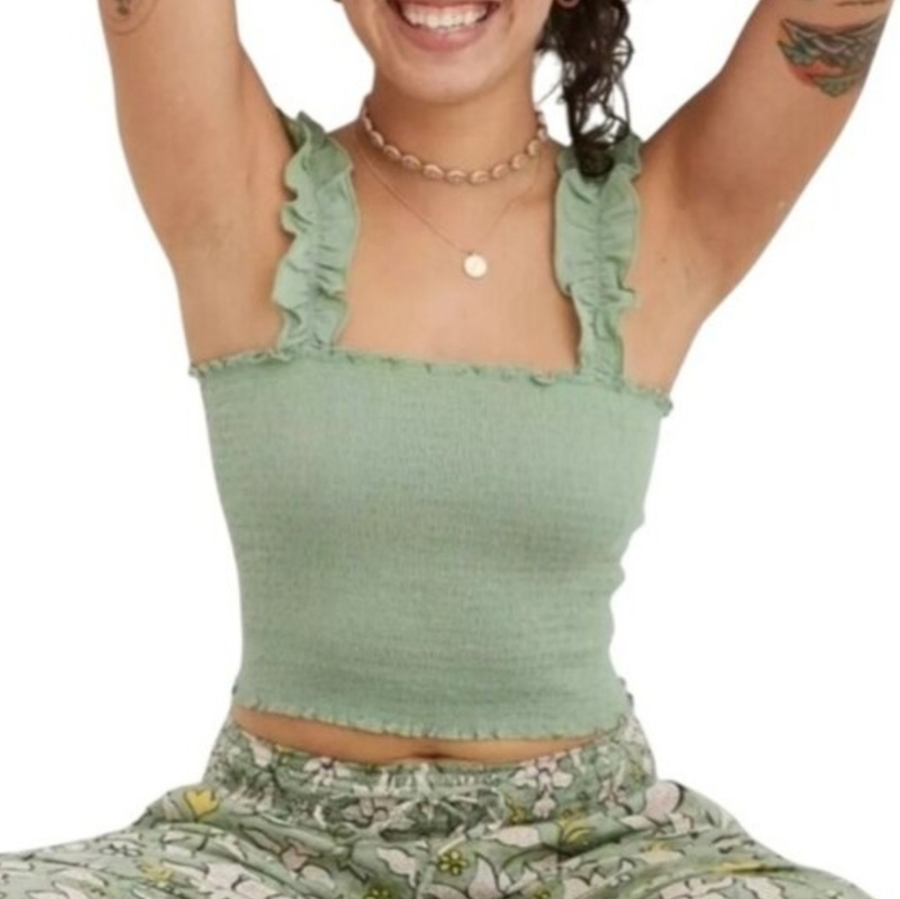 Aerie Green Jungle Thrills Smocked Top Ruffle Straps
